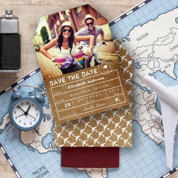 Small Vintage Destination Wedding Luggage Tag Photo Save The Date Front View
