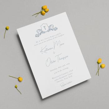 vintage dusty blue wedding crest monogram invitation
