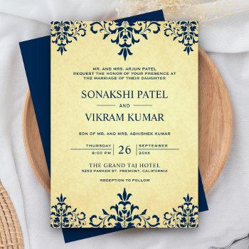 vintage ethnic blue damask indian wedding invitation