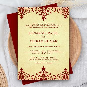 vintage ethnic red damask indian wedding invitation