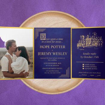 vintage fairy tale book gold purple velvet tri-fold invitation