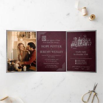 vintage fairy tale book silver burgundy wedding tri-fold invitation