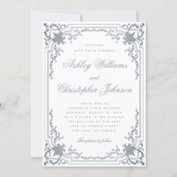 vintage faux silver wedding elegant ornate white invitation
