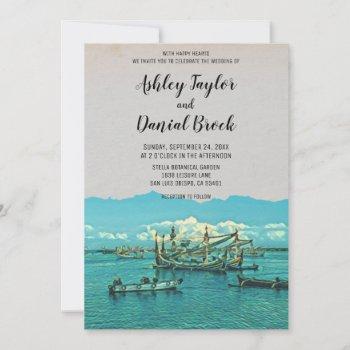 vintage fishing boat coastal destination wedding invitation