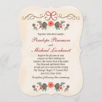 vintage floral pinecone christmas wedding invitation