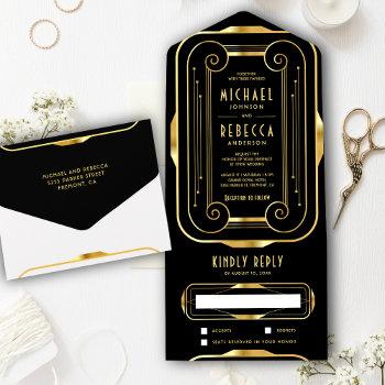vintage frame black and gold foil art deco wedding all in one invitation
