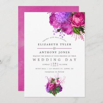 vintage fuchsia and purple shabby floral wedding invitation