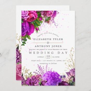 vintage fuchsia and purple shabby floral wedding invitation