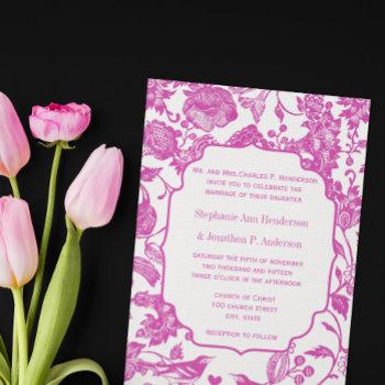 vintage fuchsia pink floral pattern bird wedding invitation