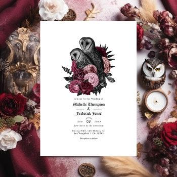 vintage glam burgundy owls gothic wedding qr code  invitation