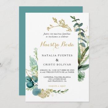 vintage gold and green eucalyptus spanish wedding invitation