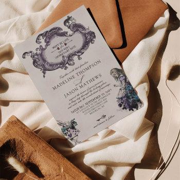 vintage gray dark alice in wonderland wedding invitation