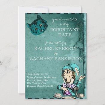 vintage green alice in wonderland wedding invitation