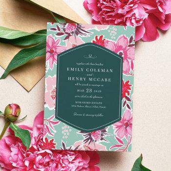 vintage hawaiian tropical pink teal wedding invitation