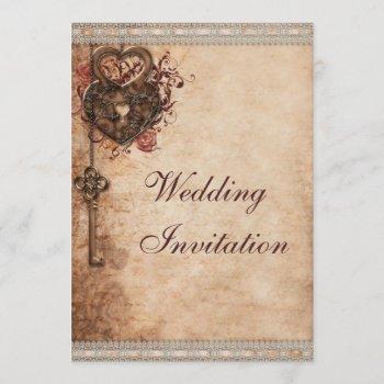 vintage hearts lock and key wedding invitation