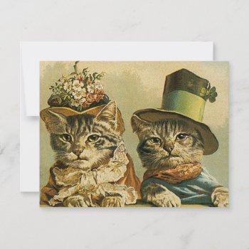 Small Vintage Humor, Victorian Bride Groom Cats In Hats Front View