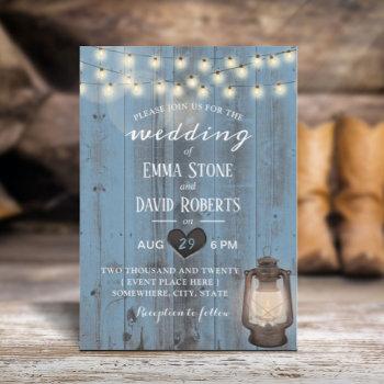 vintage lantern dusty blue barn wood wedding invitation