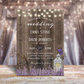 vintage lantern lavender floral barn wood wedding invitation