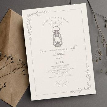 vintage lantern rustic floral amethyst wedding invitation
