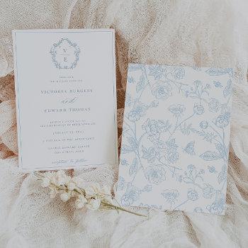 vintage light blue crest monogram wedding invitation