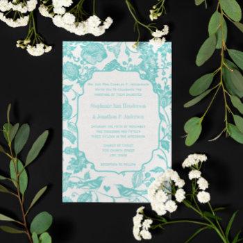 vintage mint floral pattern love bird wedding invitation