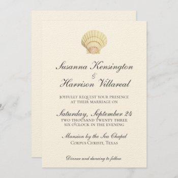 vintage neutral color single seashell wedding invitation