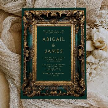 vintage ornate frame emerald green gold wedding invitation