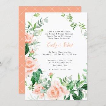 vintage peach roses greenery white lattice wedding invitation