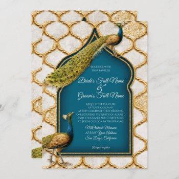 vintage peacock feathers arabesque gold wedding invitation