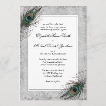 vintage peacock feathers gray wedding invitations