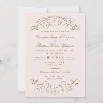 vintage pink and antique gold flourish wedding invitation