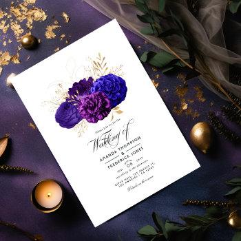 vintage purple, royal blue and gold floral wedding invitation