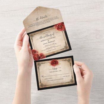 vintage red rose gold black parchment wedding all in one invitation