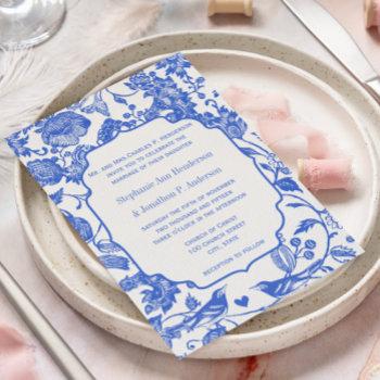 vintage royal blue floral love bird wedding invitation