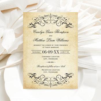 vintage rustic black flourish parchment wedding invitation