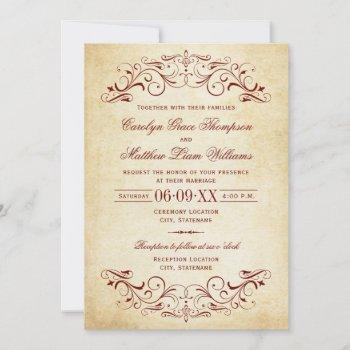 vintage rustic dark red flourish parchment wedding invitation