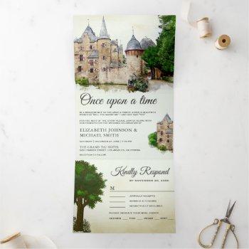 vintage rustic fairytale castle story book wedding tri-fold invitation