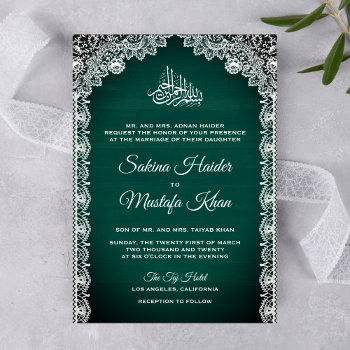 vintage rustic lace teal green islamic wedding invitation