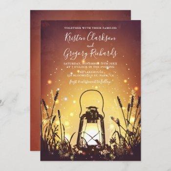 vintage rustic lantern and fireflies wedding invitation