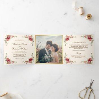 Small Vintage Rustic Romantic Floral Photo Wedding Tri-fold Front View