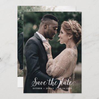 Small Vintage Script Dark Photo Template Save The Date Front View