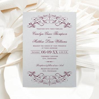 Small Vintage Silver And Maroon Flourish Wedding Front View