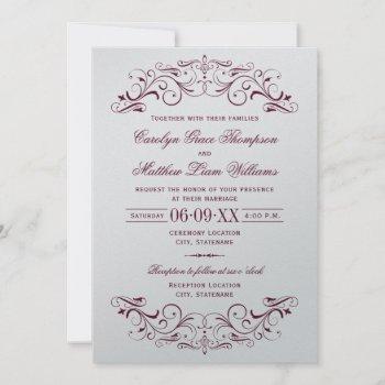 vintage silver and maroon flourish wedding invitation
