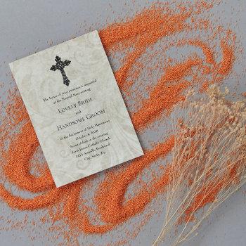 vintage swirl catholic cross wedding invitation