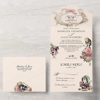 vintage teal blush alice in wonderland wedding all in one invitation