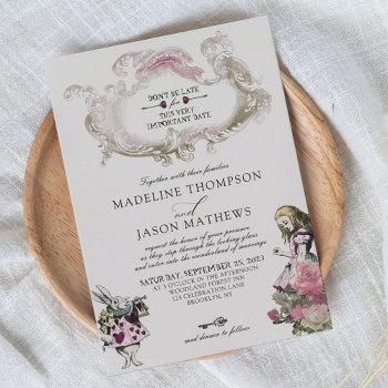 vintage teal blush alice in wonderland wedding invitation