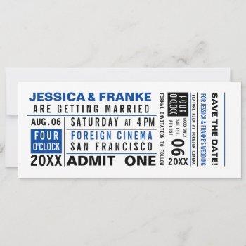 Small Vintage Ticket Blue Save The Date Front View