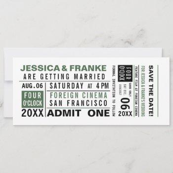 Small Vintage Ticket Green Save The Date Front View