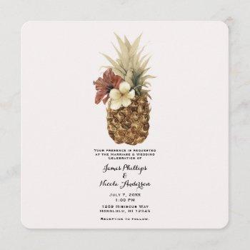 vintage tropical pineapple hibiscus floral wedding invitation