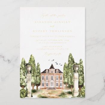 vintage watercolor english manor wedding foil invitation